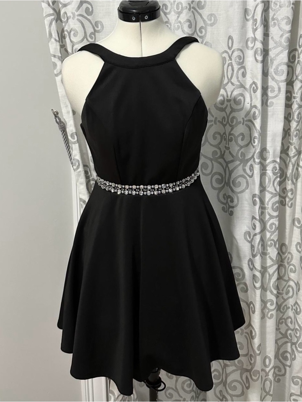 Emerald Sundae Black Halter Mini Dress with Jeweled Belt
